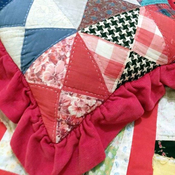 Vintage Patchwork Ruffle Pillow Bright Red Groovy Prints Flowers Stars Check BOH - Picture 4 of 12
